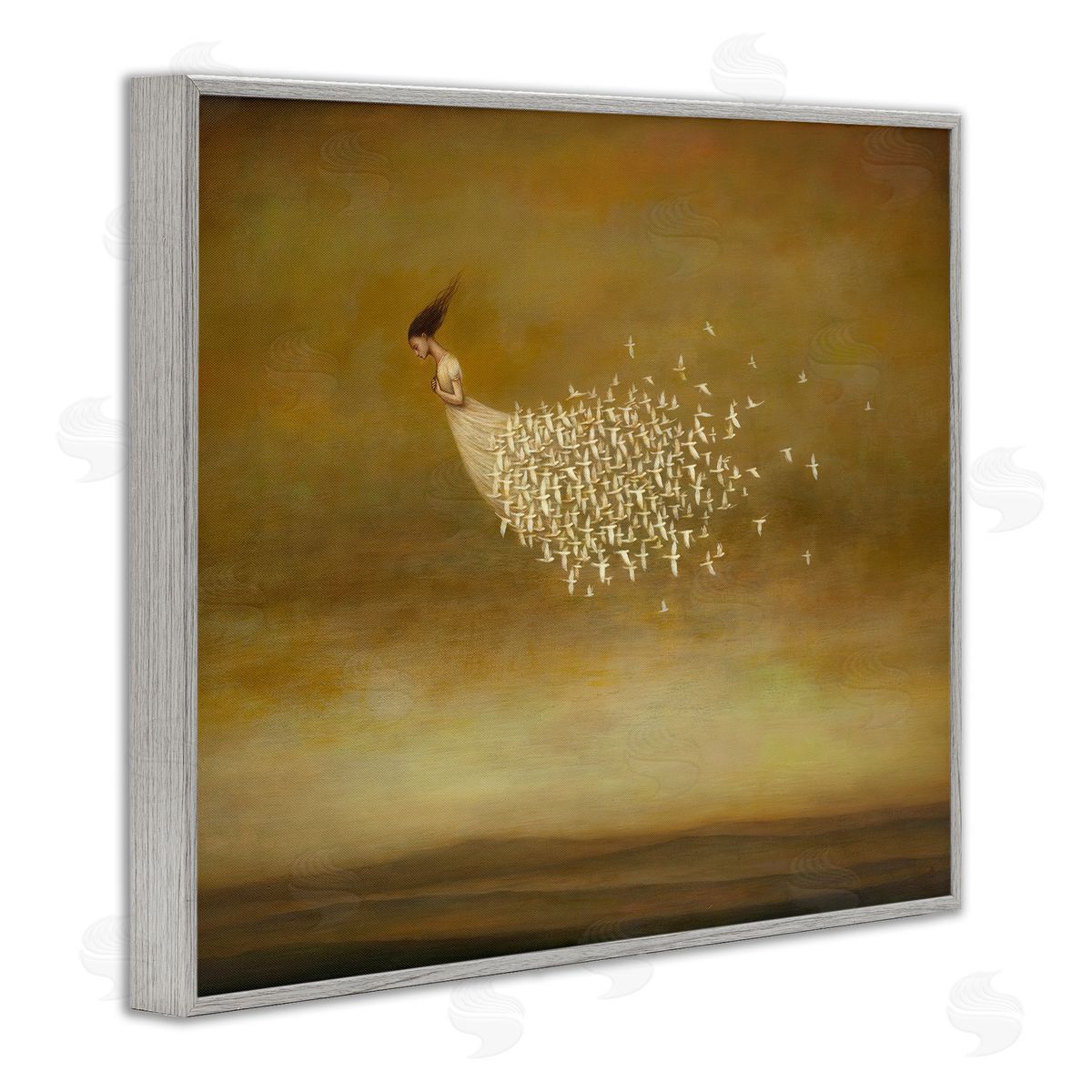 Duy Huynh Elegant Woman Flying Doves Birds Dress Ochre Sky  Gray Framed Giclee Wall Art Print
