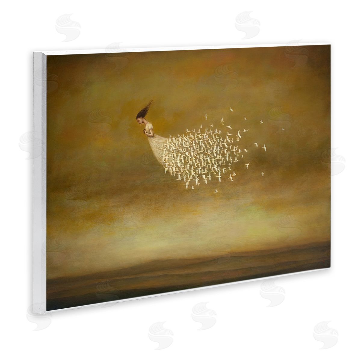 Duy Huynh Elegant Woman Flying Doves Birds Dress Ochre Sky  Wall Plaque Art Print