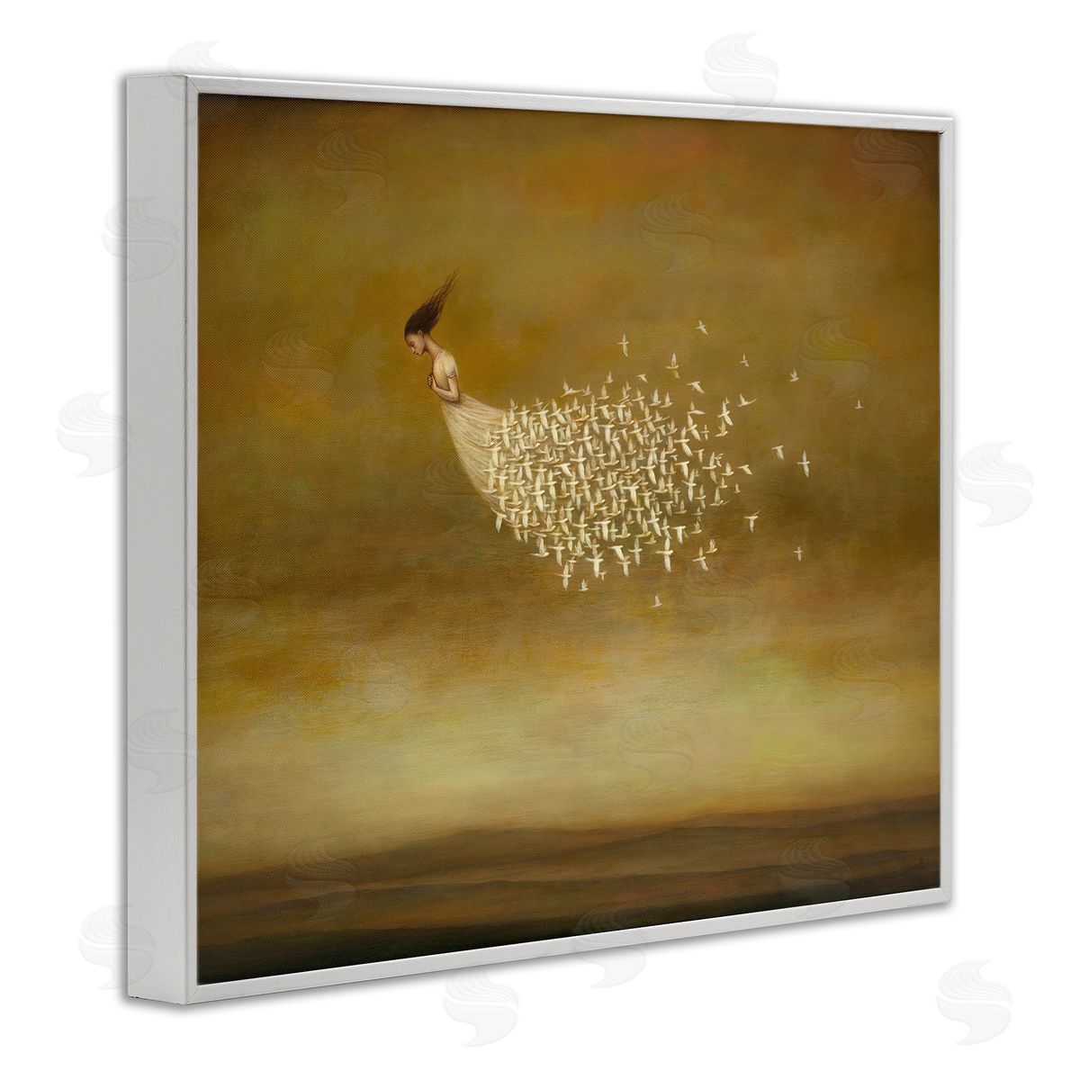 Duy Huynh Elegant Woman Flying Doves Birds Dress Ochre Sky  White Framed Giclee Wall Art Print