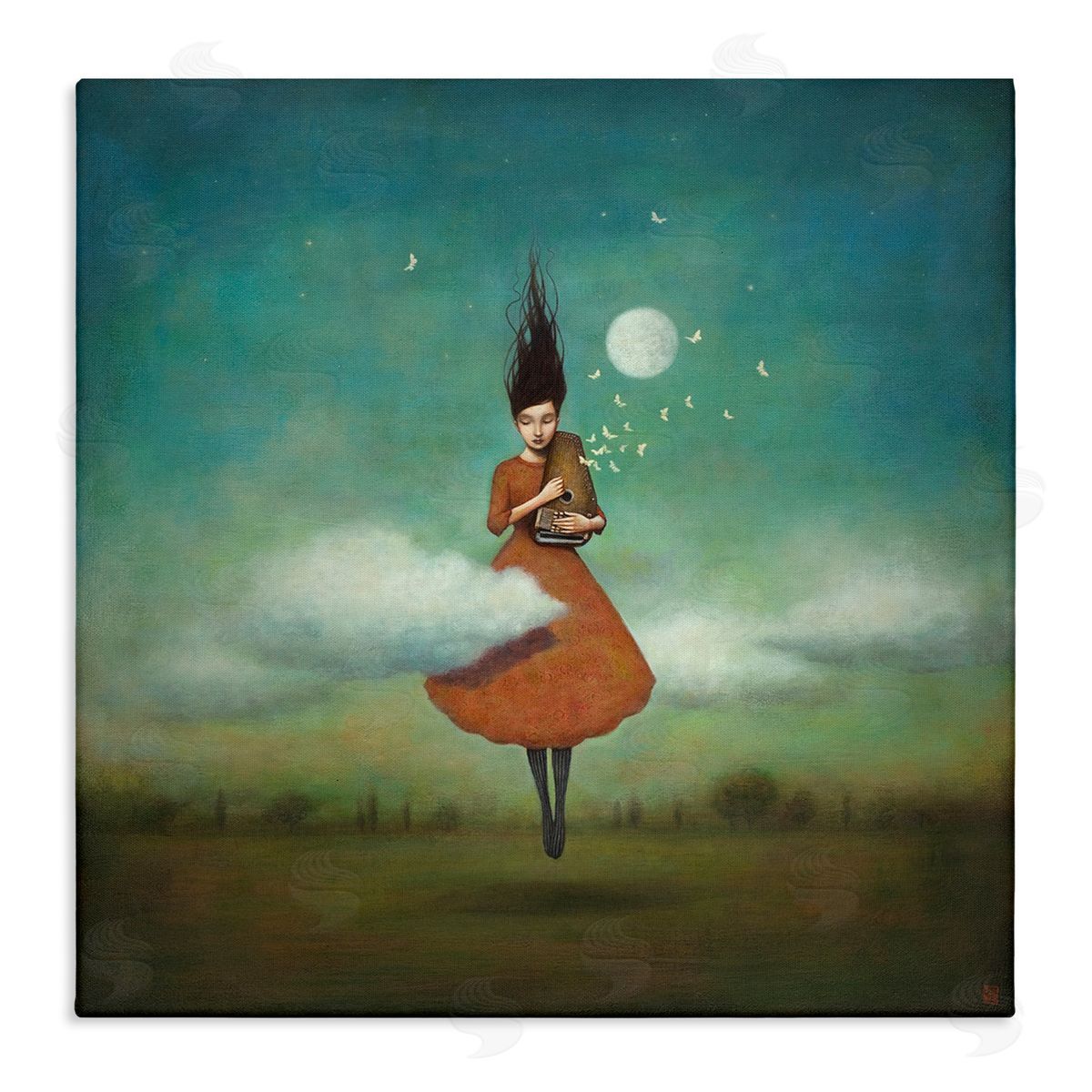 Duy Huynh Fluffy Clouds Surrounding Floating Woman Red Dress  Stretched Canvas Wall Art Print