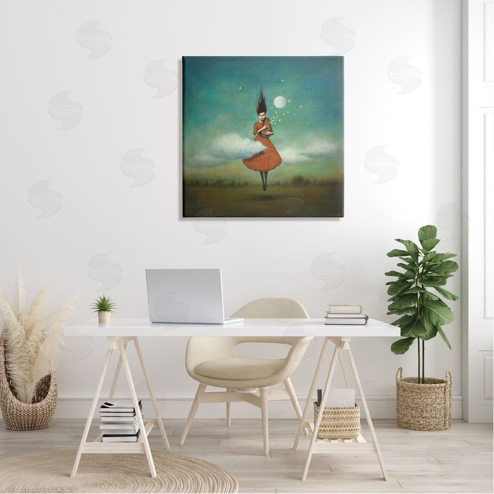 Duy Huynh Fluffy Clouds Surrounding Floating Woman Red Dress  Canvas Wall Art in Room