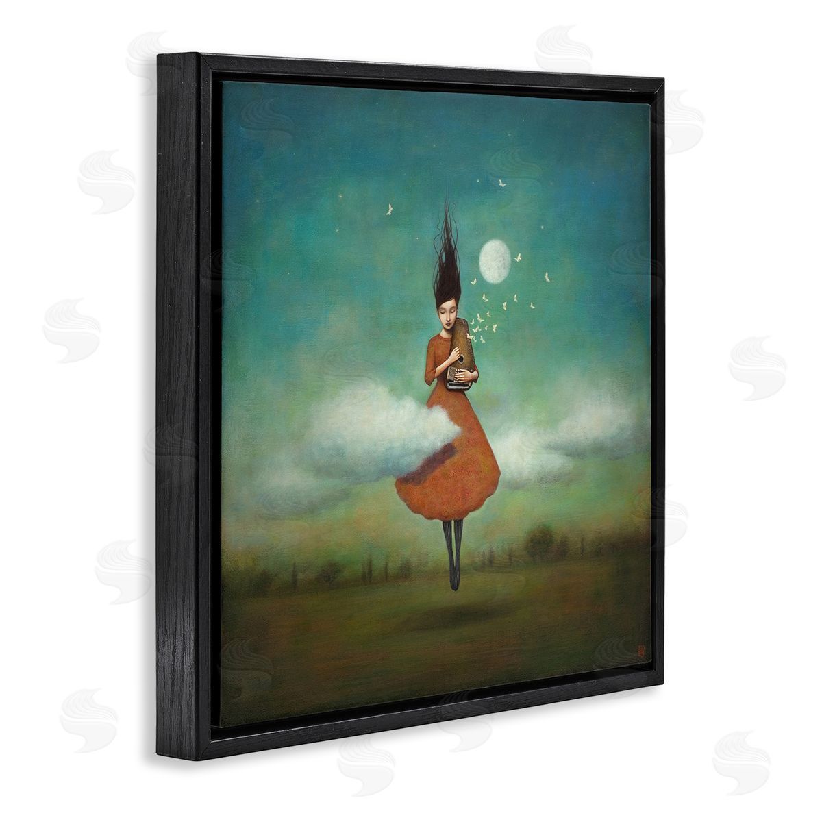 Duy Huynh Fluffy Clouds Surrounding Floating Woman Red Dress  Black Floating Frame Canvas Wall Art Print