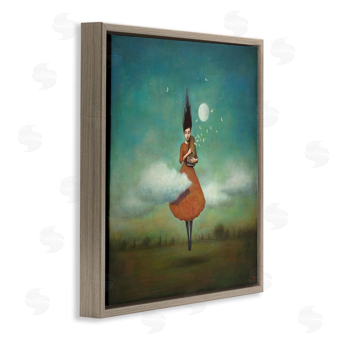 Duy Huynh Fluffy Clouds Surrounding Floating Woman Red Dress  Brown Floating Frame Canvas Wall Art Print