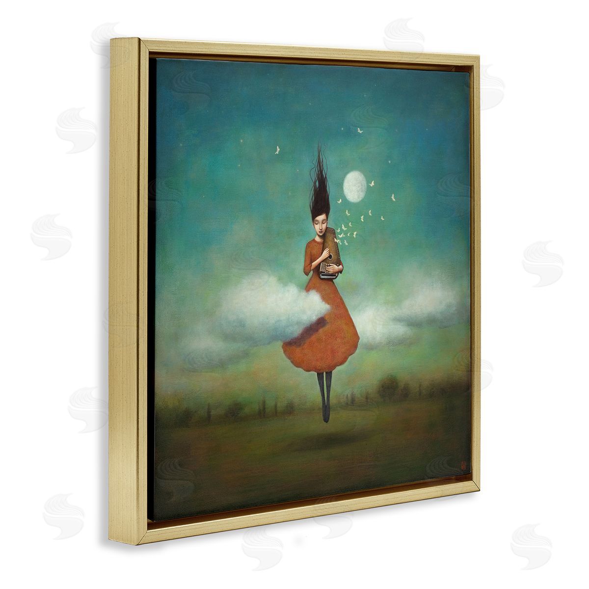 Duy Huynh Fluffy Clouds Surrounding Floating Woman Red Dress  Gold Floating Frame Canvas Wall Art Print