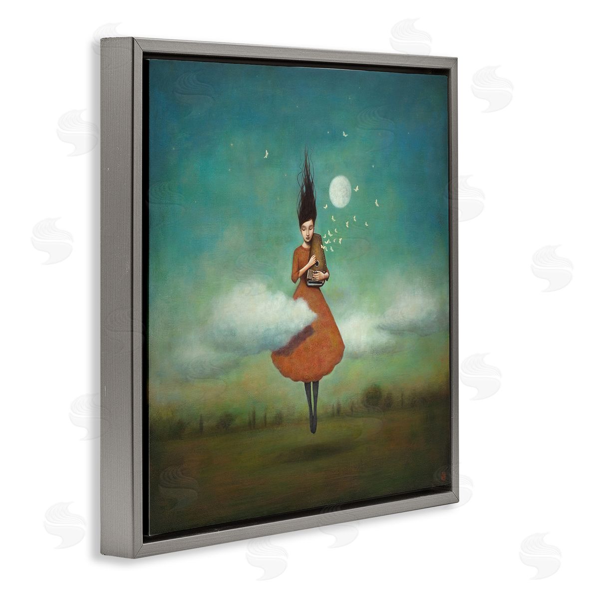 Duy Huynh Fluffy Clouds Surrounding Floating Woman Red Dress  Gray Floating Frame Canvas Wall Art Print