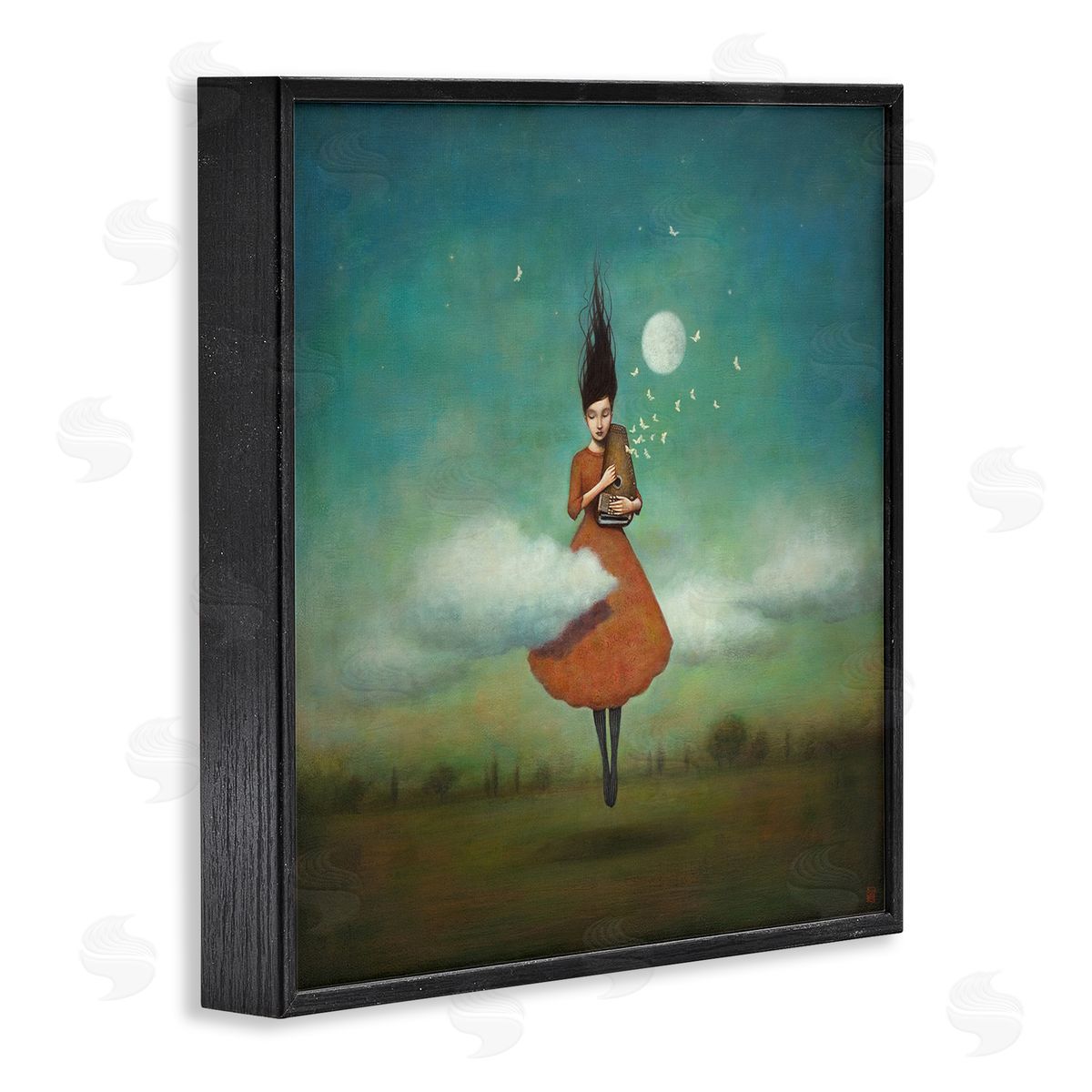 Duy Huynh Fluffy Clouds Surrounding Floating Woman Red Dress  Black Framed Glicee Wall Art Print