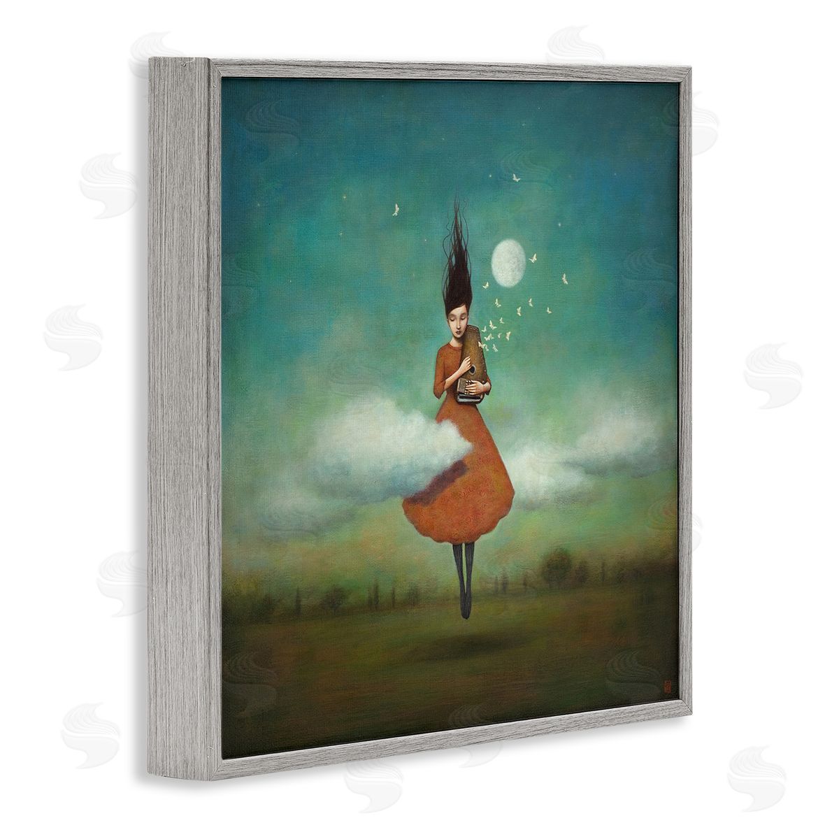 Duy Huynh Fluffy Clouds Surrounding Floating Woman Red Dress  Gray Framed Glicee Wall Art Print