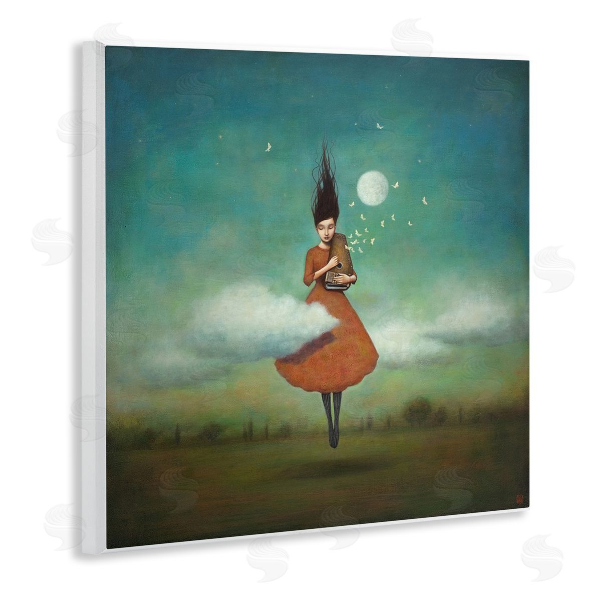 Duy Huynh Fluffy Clouds Surrounding Floating Woman Red Dress  Wooden Wall Plaque Art Print