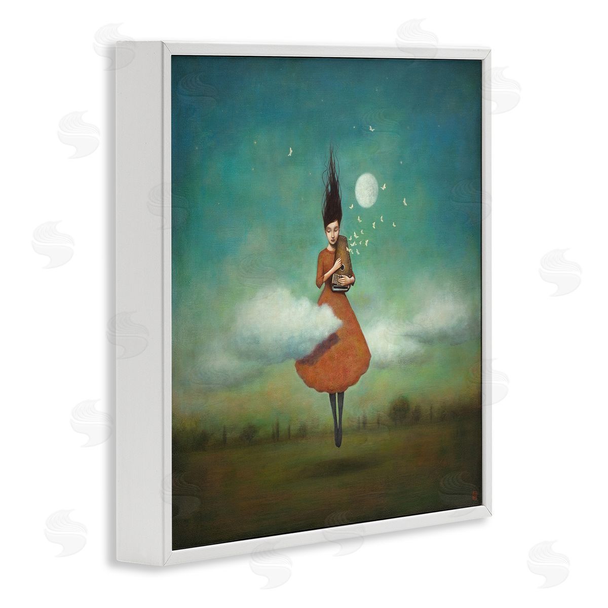 Duy Huynh Fluffy Clouds Surrounding Floating Woman Red Dress  White Framed Glicee Wall Art Print