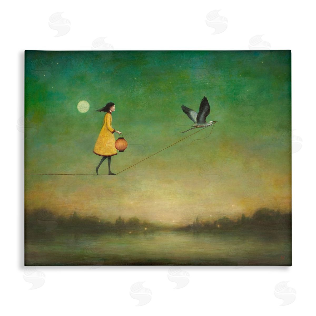 Duy Huynh Girl Following Bird Yellow Dress Vivid Green Landscape Stretched Canvas Wall Art Print