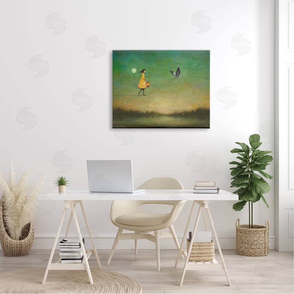 Duy Huynh Girl Following Bird Yellow Dress Vivid Green Landscape Canvas Wall Art Print in Room
