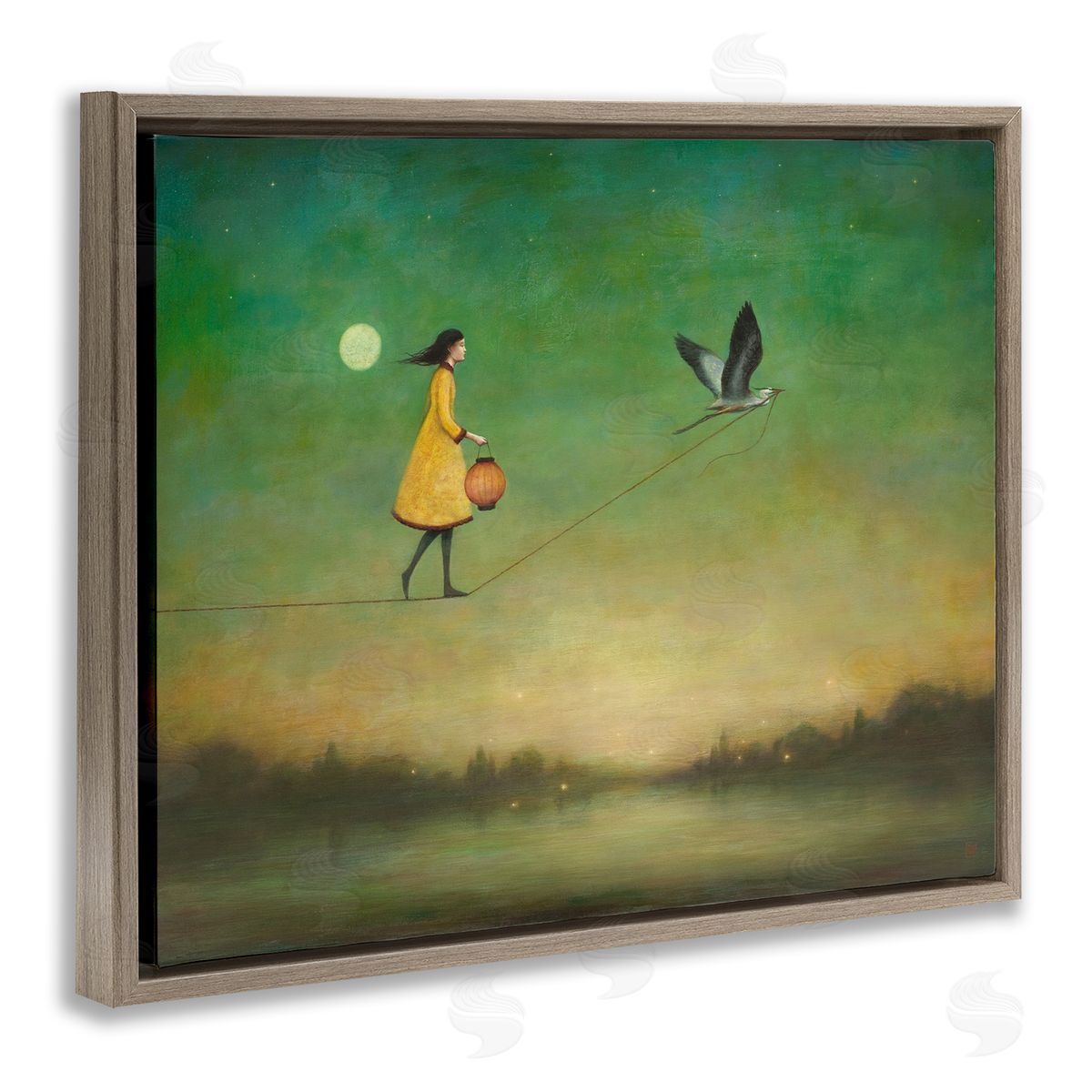 Duy Huynh Girl Following Bird Yellow Dress Vivid Green Landscape Brown Floating Frame Canvas Wall Art Print