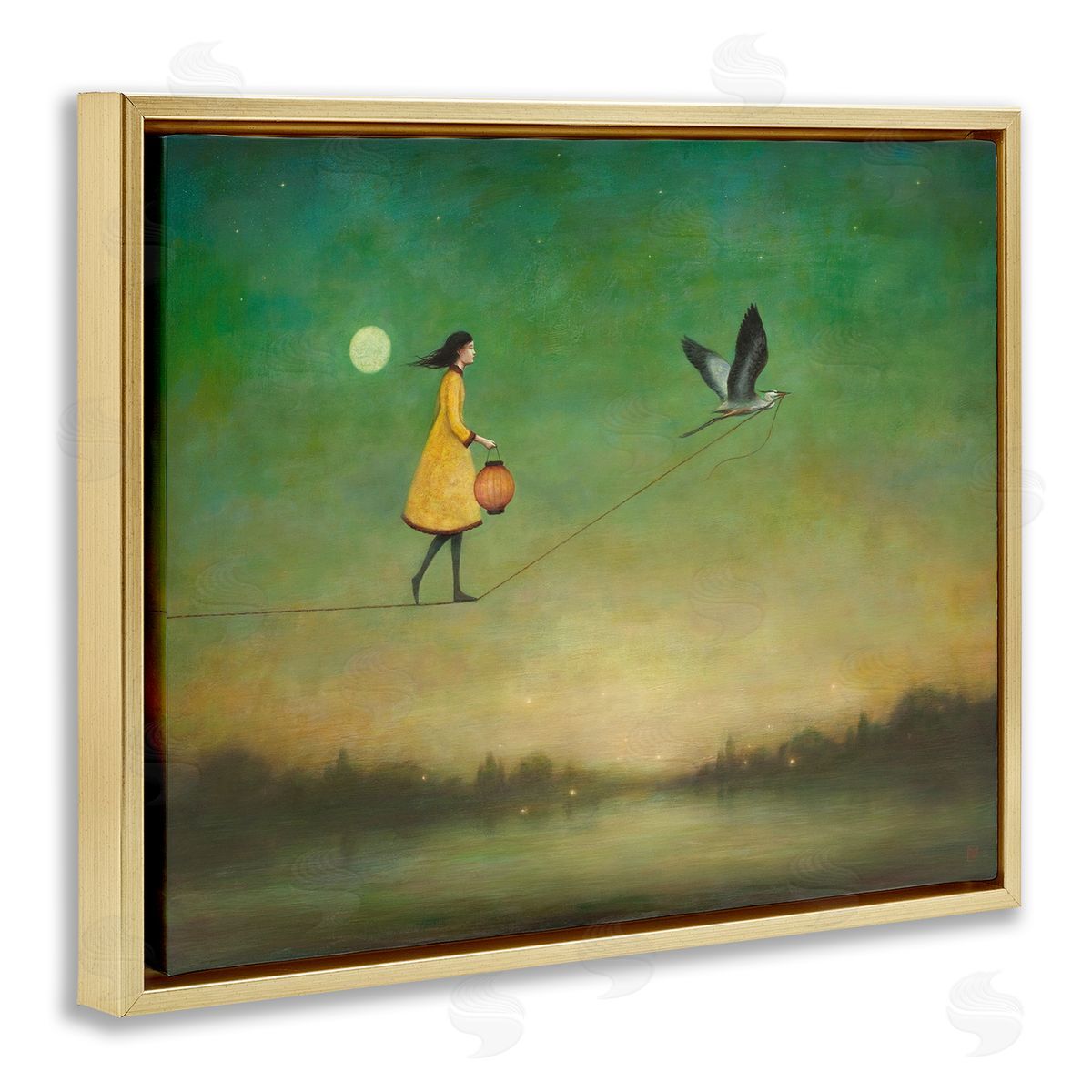 Duy Huynh Girl Following Bird Yellow Dress Vivid Green Landscape Gold Floating Frame Canvas Wall Art Print