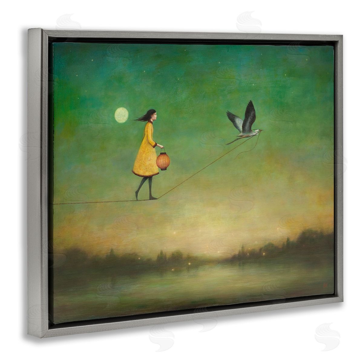Duy Huynh Girl Following Bird Yellow Dress Vivid Green Landscape Gray Floating Frame Canvas Wall Art Print