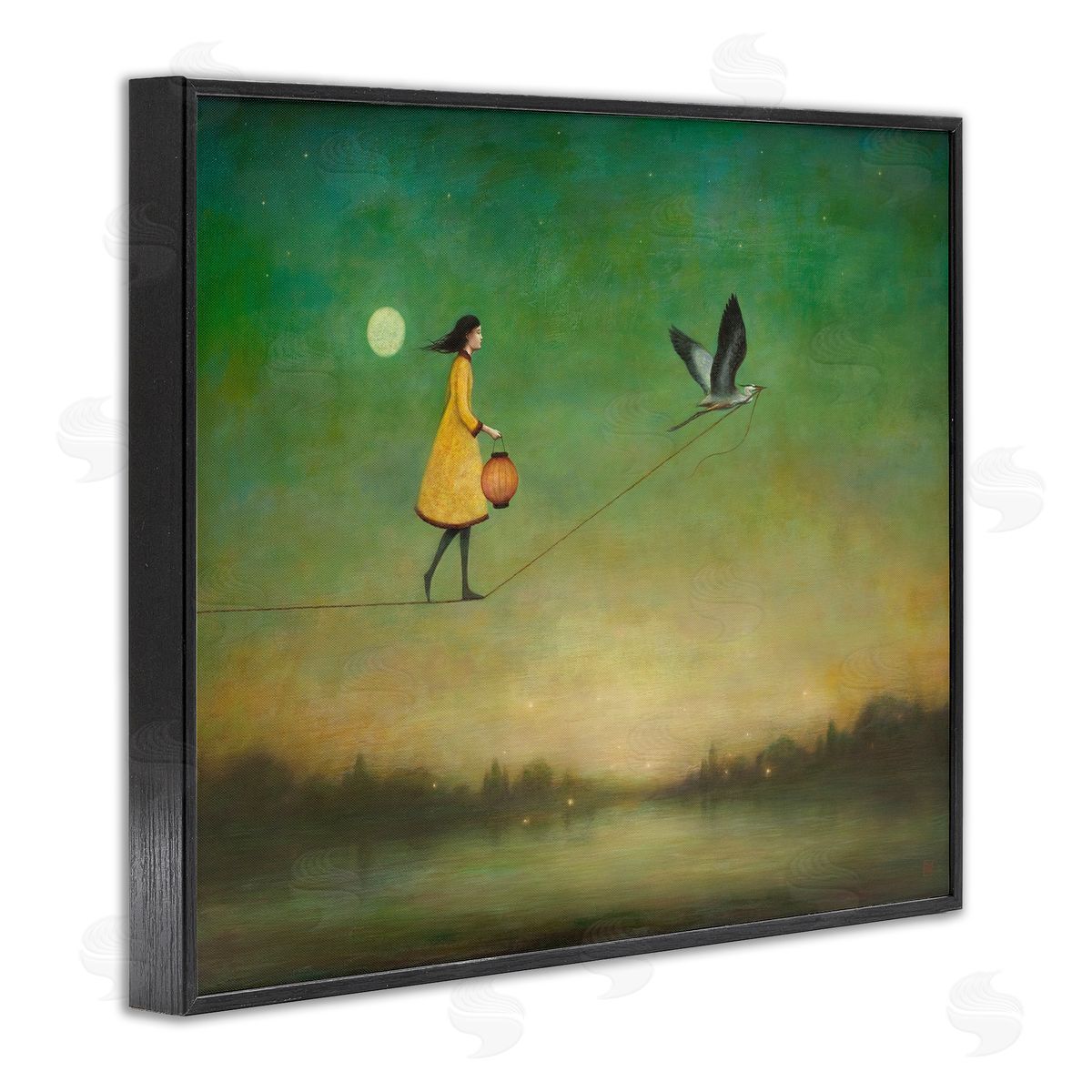 Duy Huynh Girl Following Bird Yellow Dress Vivid Green Landscape Black Framed Giclee Wall Art Print
