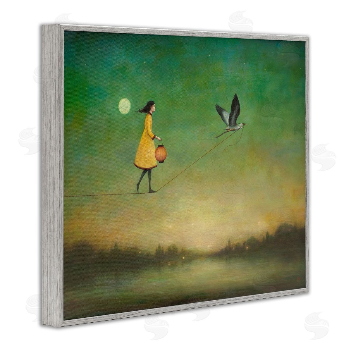 Duy Huynh Girl Following Bird Yellow Dress Vivid Green Landscape Gray Framed Giclee Wall Art Print