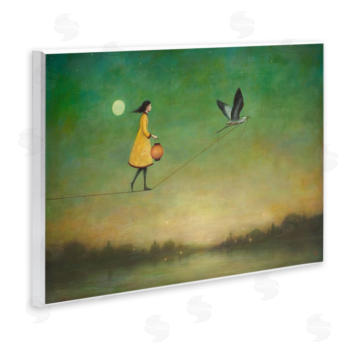 Duy Huynh Girl Following Bird Yellow Dress Vivid Green Landscape Wall Plaque Art Print