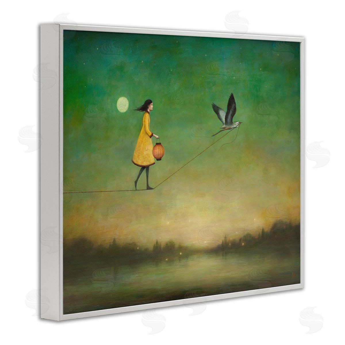 Duy Huynh Girl Following Bird Yellow Dress Vivid Green Landscape White Framed Giclee Wall Art Print
