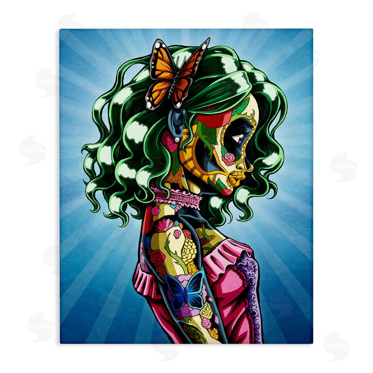 Nicholas Ivins Bold Detailed Tattooed Girl Green Hair Butterfly  Stretched Canvas Wall Art Print