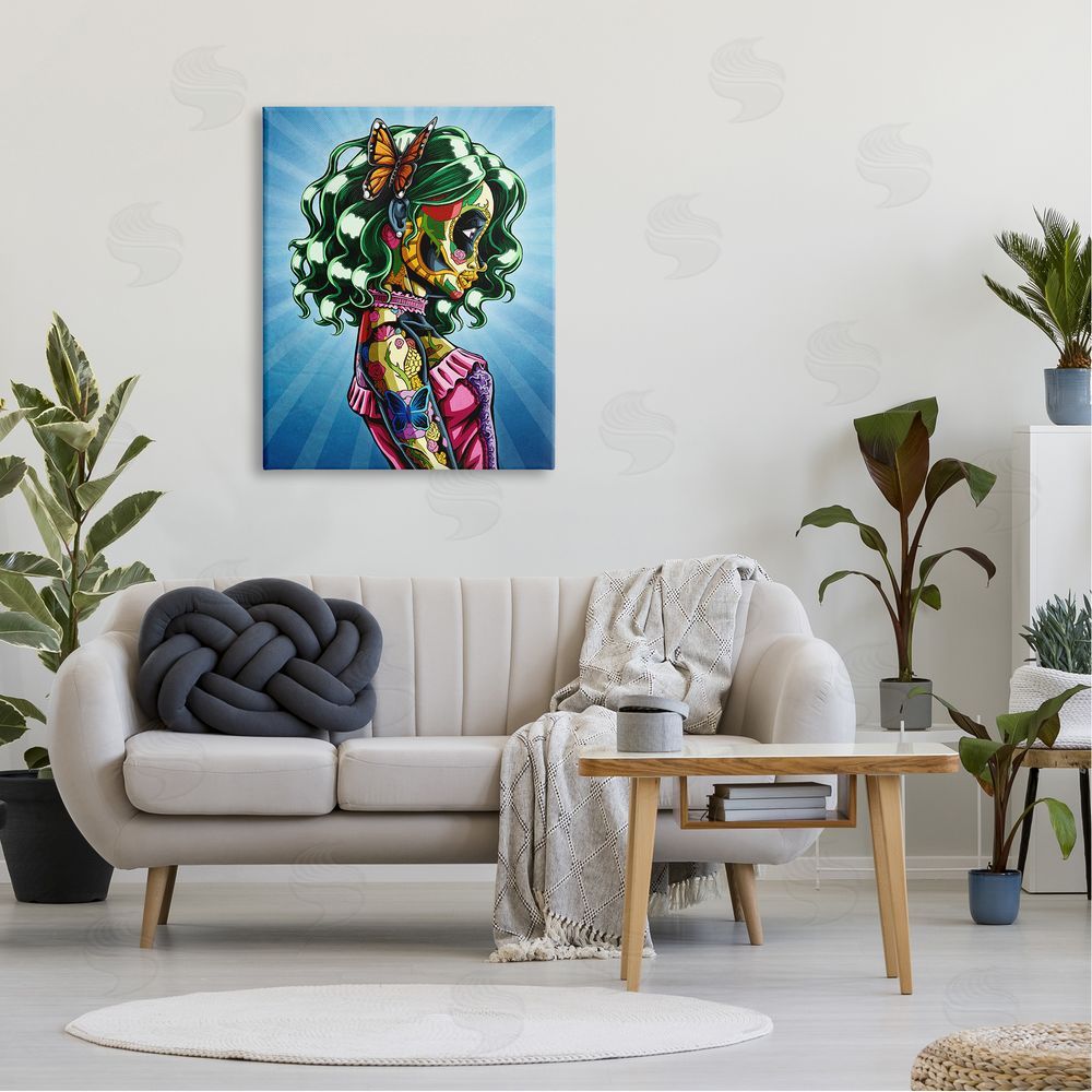 Nicholas Ivins Bold Detailed Tattooed Girl Green Hair Butterfly  Canvas Wall Art Print in Room