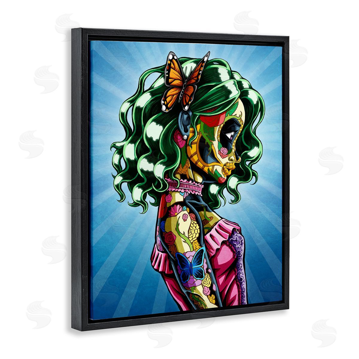 Nicholas Ivins Bold Detailed Tattooed Girl Green Hair Butterfly  Black Floating Frame Canvas Wall Art Print