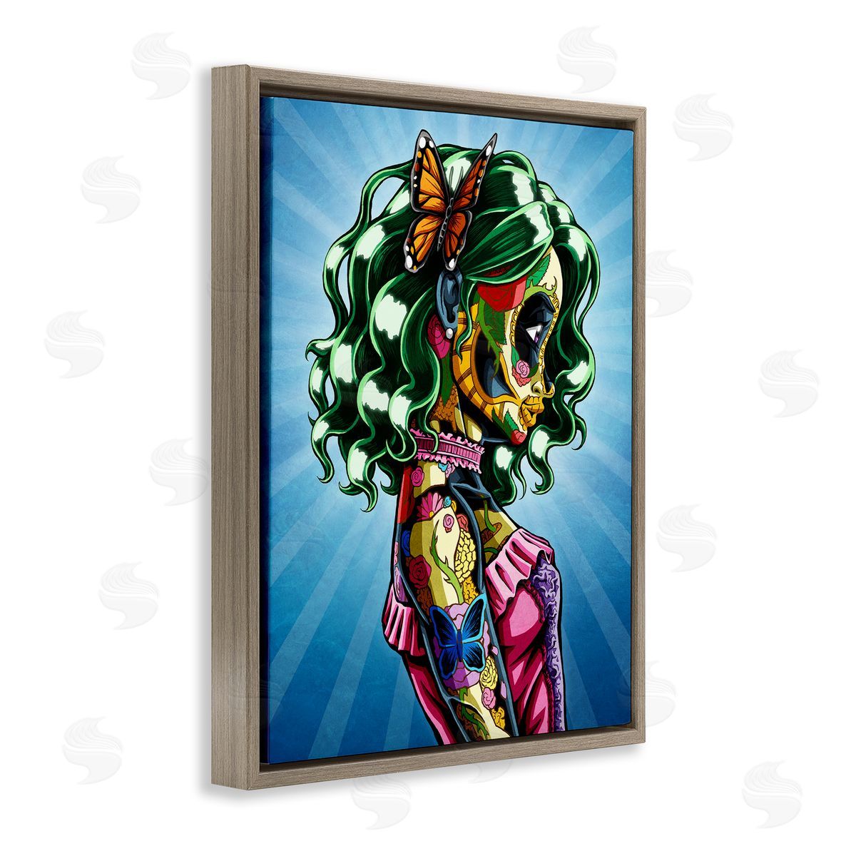 Nicholas Ivins Bold Detailed Tattooed Girl Green Hair Butterfly  Brown Floating Frame Canvas Wall Art Print