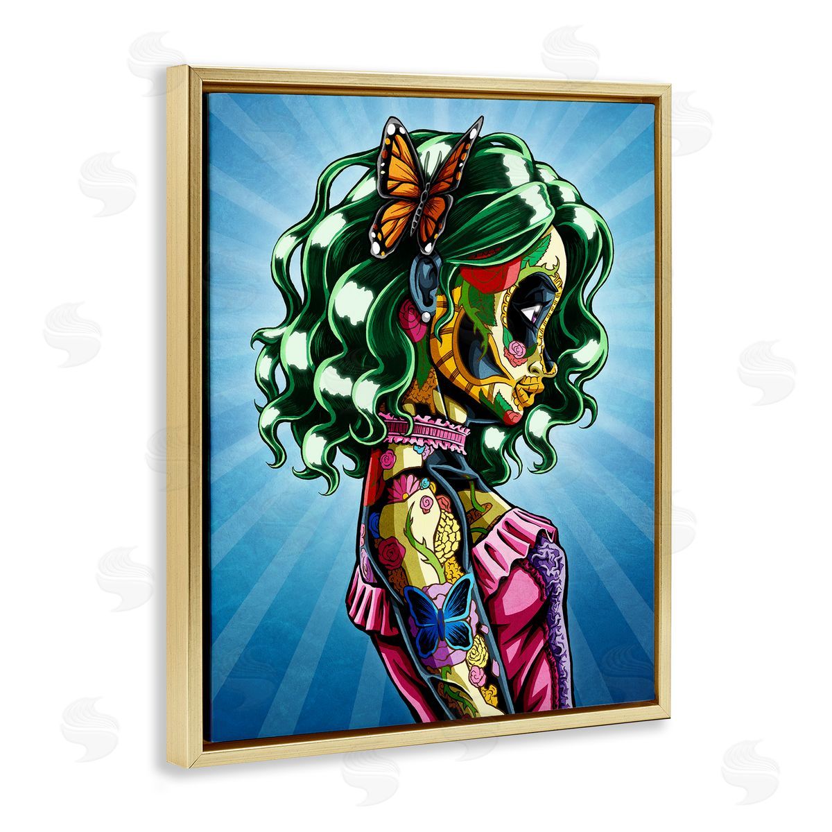 Nicholas Ivins Bold Detailed Tattooed Girl Green Hair Butterfly  Gold Floating Frame Canvas Wall Art Print