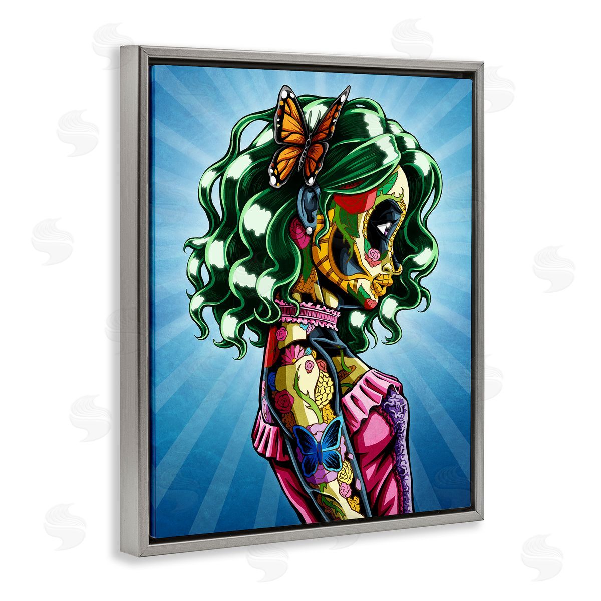Nicholas Ivins Bold Detailed Tattooed Girl Green Hair Butterfly  Gray Floating Frame Canvas Wall Art Print