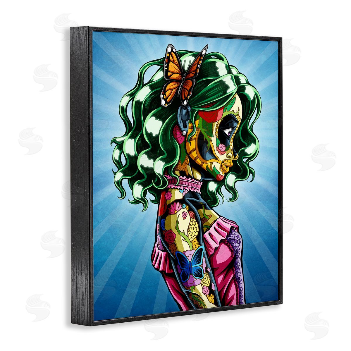 Nicholas Ivins Bold Detailed Tattooed Girl Green Hair Butterfly  Black Framed Giclee Wall Art Print