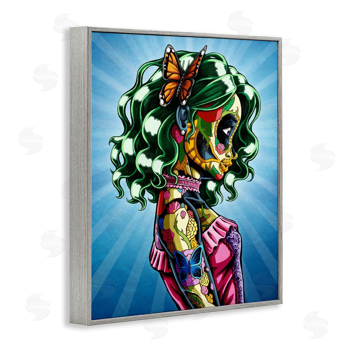 Nicholas Ivins Bold Detailed Tattooed Girl Green Hair Butterfly  Gray Framed Giclee Wall Art Print