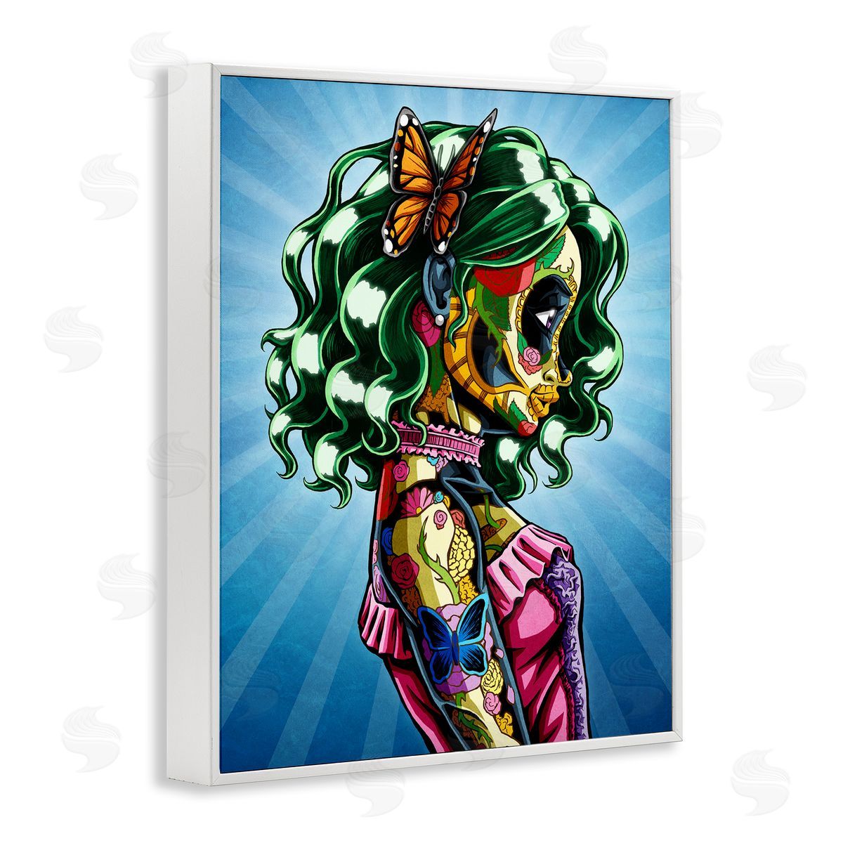 Nicholas Ivins Bold Detailed Tattooed Girl Green Hair Butterfly  White Framed Giclee Wall Art Print