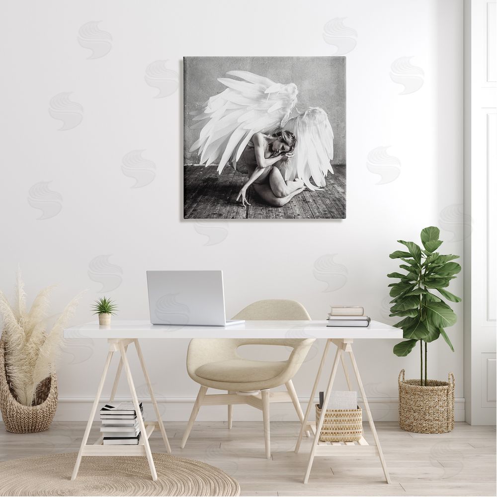 Incado Magical White Angel Wings Woman Monochrome Photography  Canvas Wall Art in Room