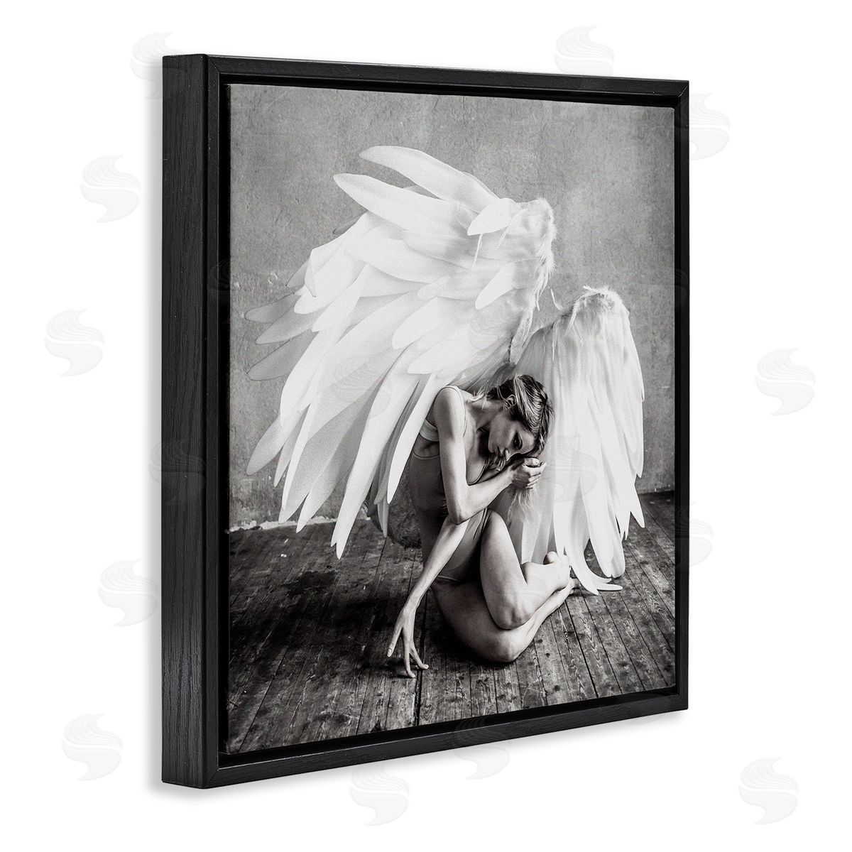 Incado Magical White Angel Wings Woman Monochrome Photography  Black Floating Frame Canvas Wall Art Print