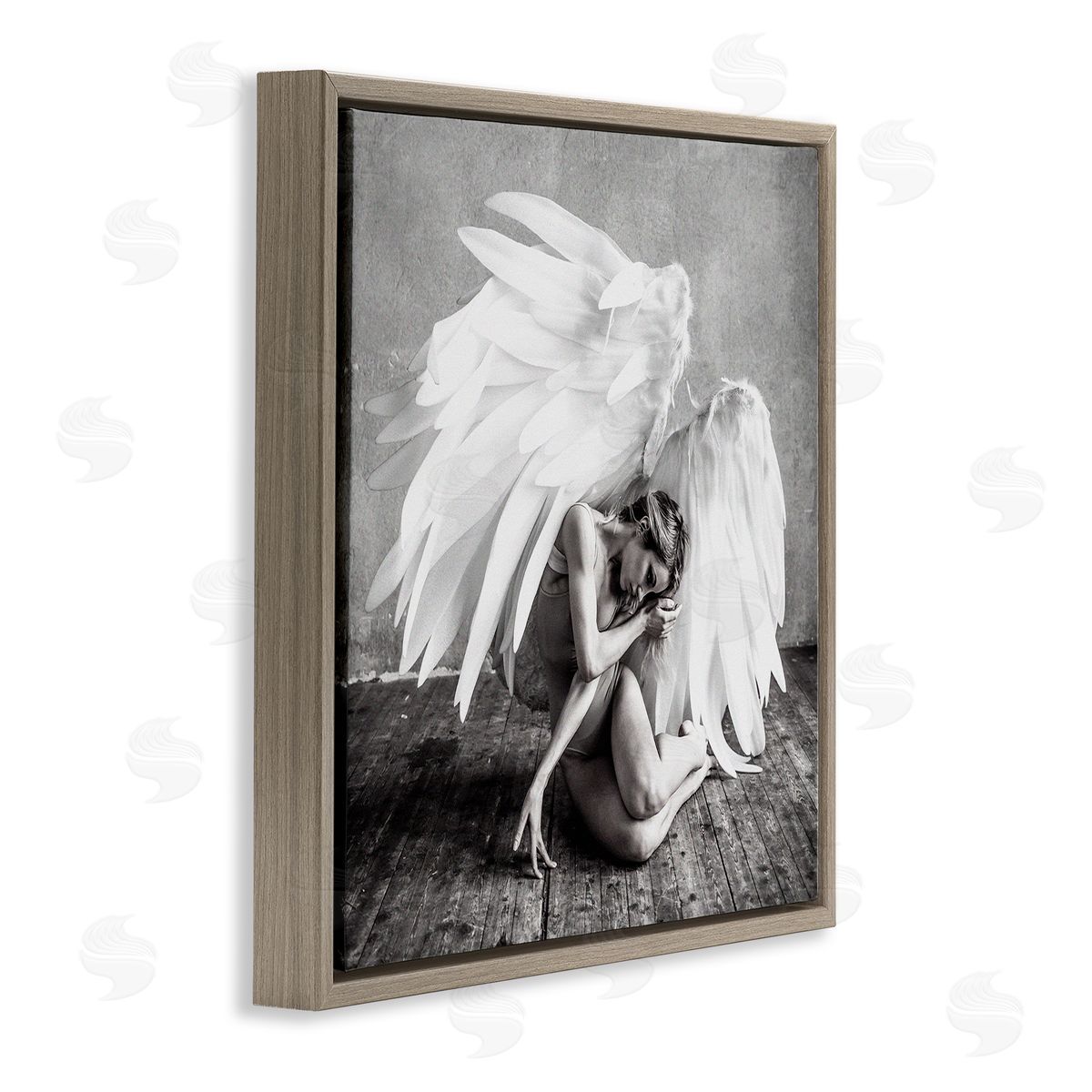 Incado Magical White Angel Wings Woman Monochrome Photography  Brown Floating Frame Canvas Wall Art Print