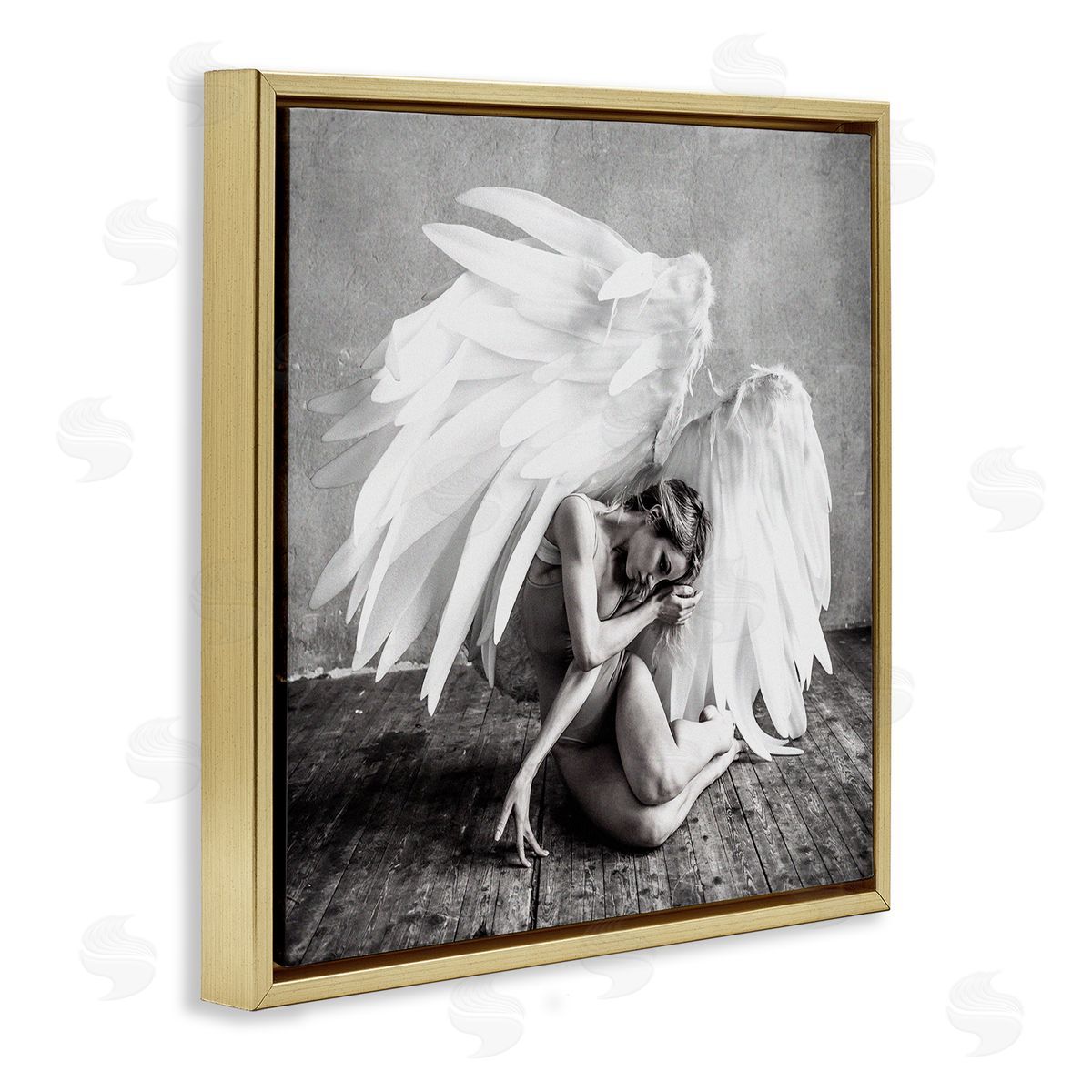 Incado Magical White Angel Wings Woman Monochrome Photography  Gold Floating Frame Canvas Wall Art Print