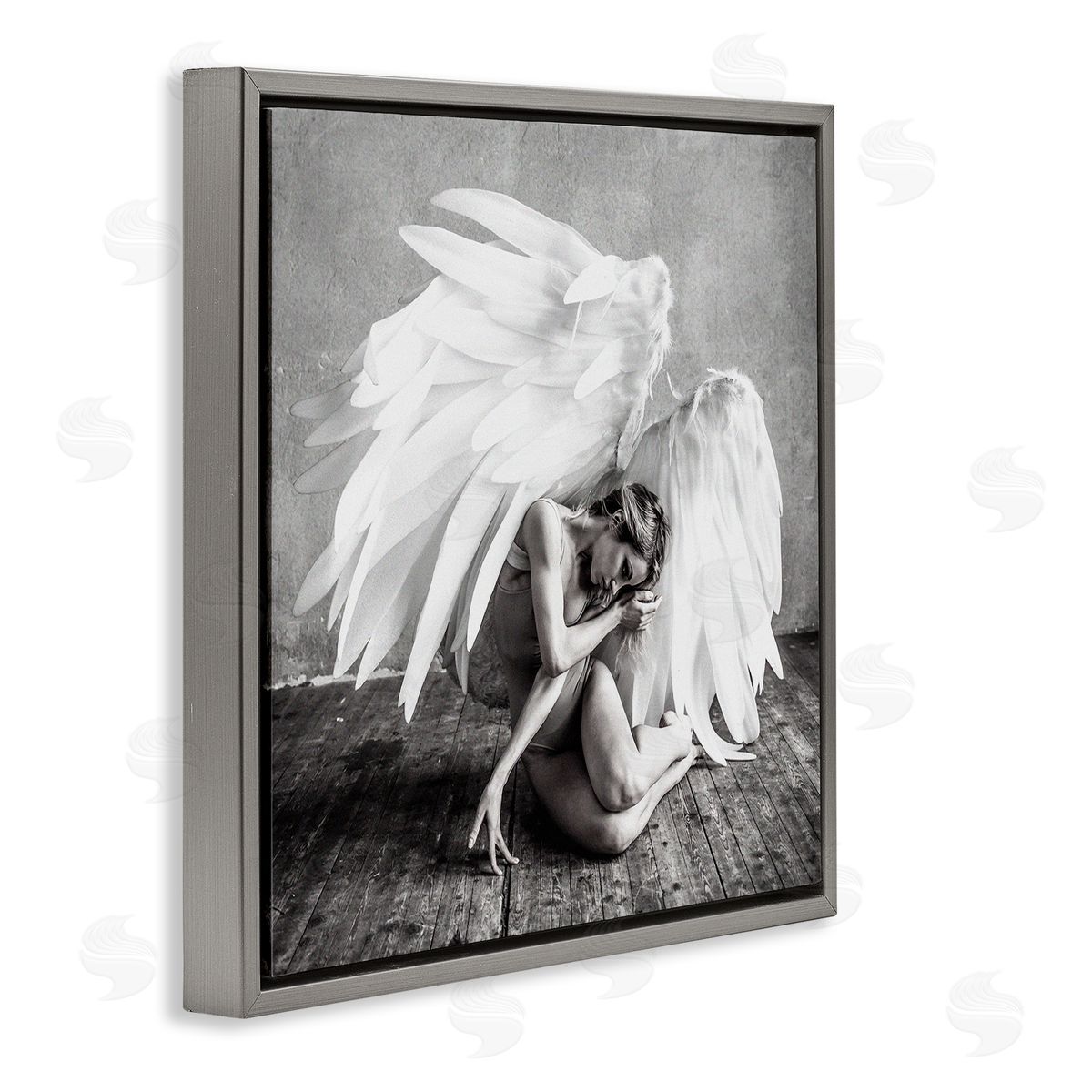 Incado Magical White Angel Wings Woman Monochrome Photography  Gray Floating Frame Canvas Wall Art Print
