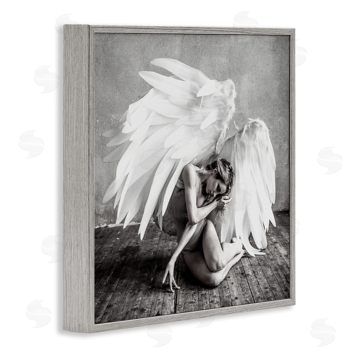 Incado Magical White Angel Wings Woman Monochrome Photography  Gray Framed Glicee Wall Art Print