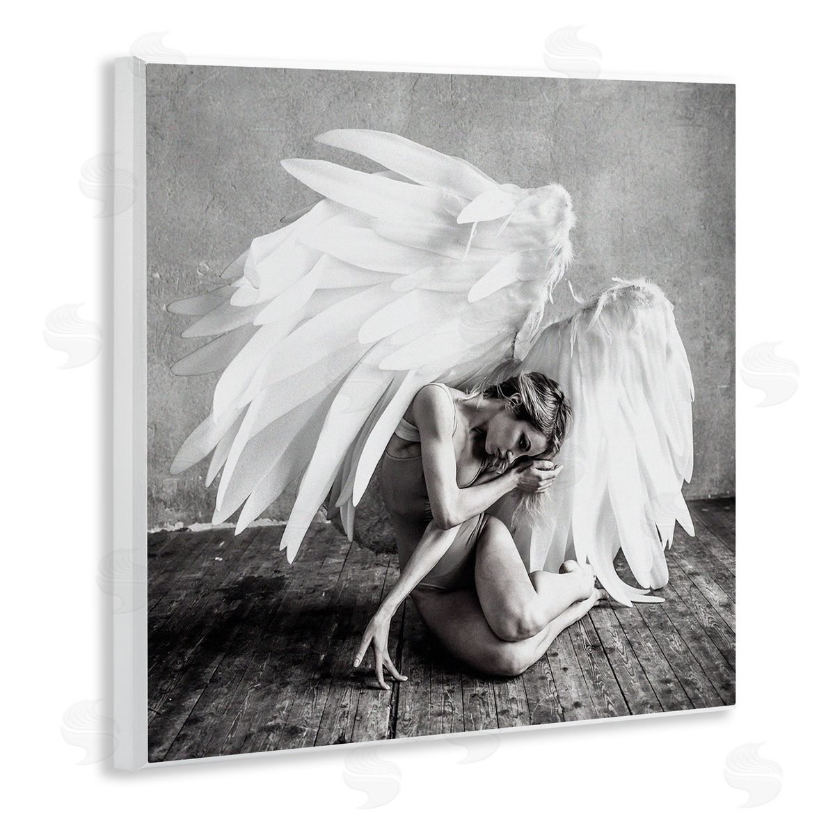 Incado Magical White Angel Wings Woman Monochrome Photography  Wooden Wall Plaque Art Print