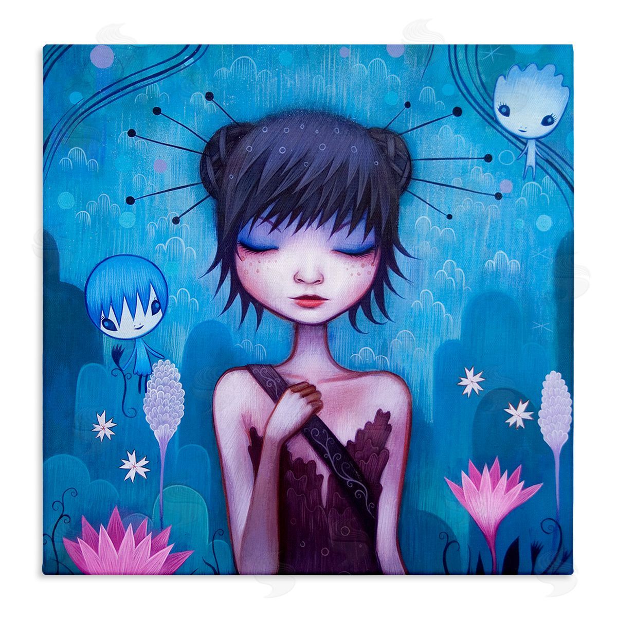 Jeremiah Ketner Girl Pink Flower Blossoms Garden Fairies Blue Scenery  Stretched Canvas Wall Art Print