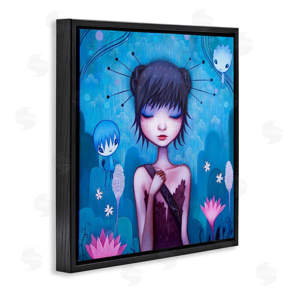 Jeremiah Ketner Girl Pink Flower Blossoms Garden Fairies Blue Scenery  Black Floating Frame Canvas Wall Art Print