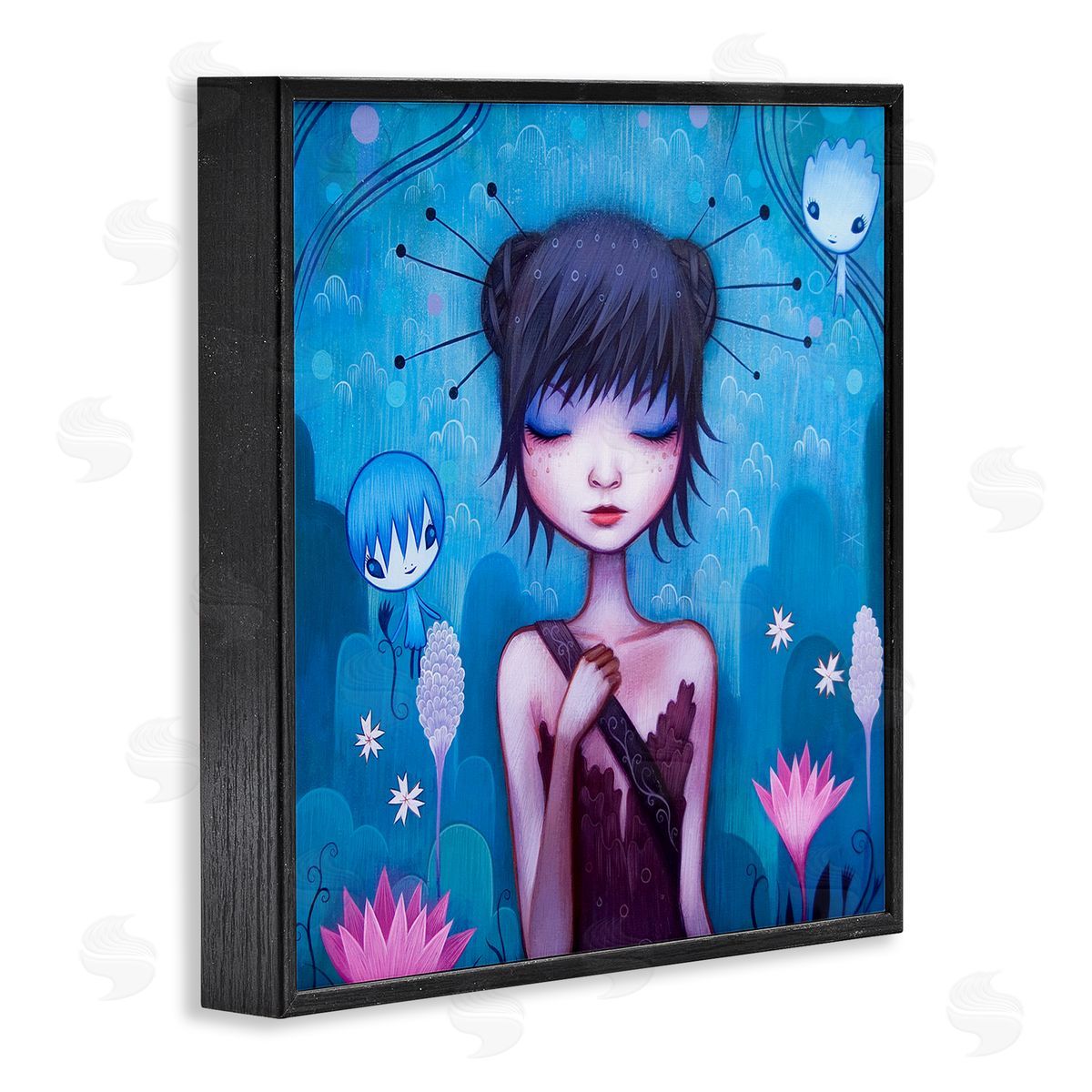 Jeremiah Ketner Girl Pink Flower Blossoms Garden Fairies Blue Scenery  Black Framed Glicee Wall Art Print
