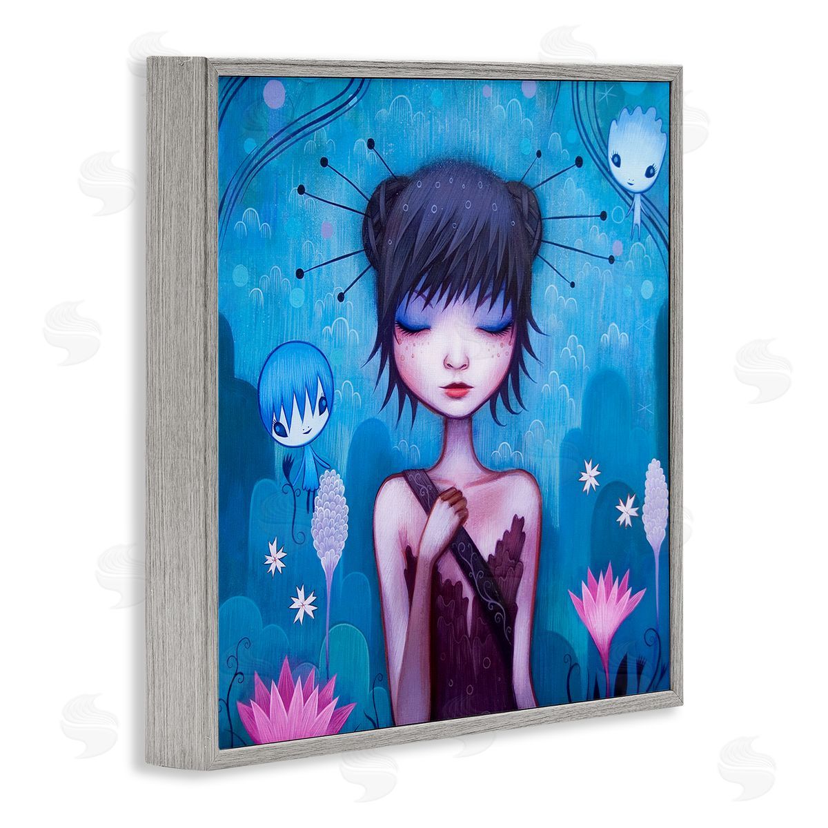 Jeremiah Ketner Girl Pink Flower Blossoms Garden Fairies Blue Scenery  Gray Framed Glicee Wall Art Print