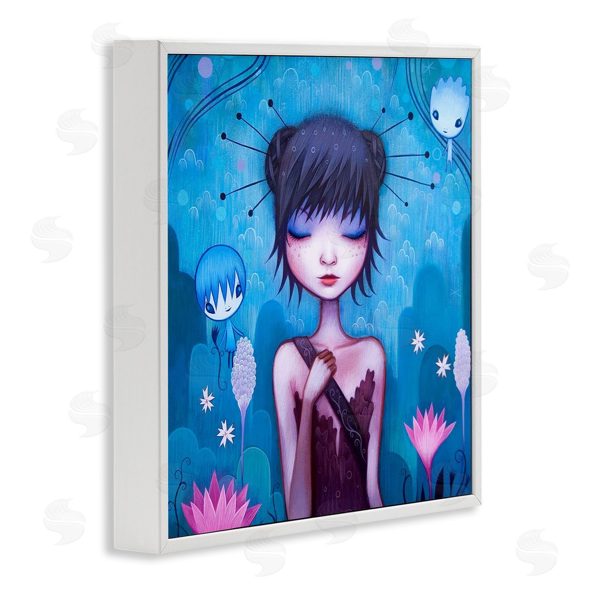 Jeremiah Ketner Girl Pink Flower Blossoms Garden Fairies Blue Scenery  White Framed Glicee Wall Art Print