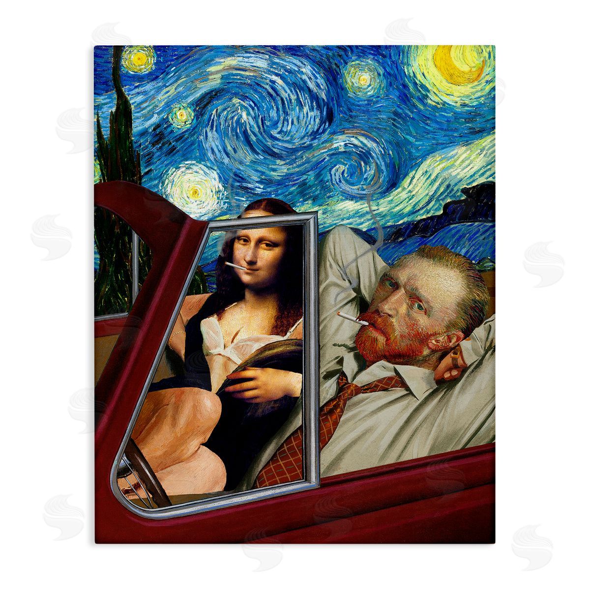 Barry Kite Van Gogh & Mona Lisa Driving Starry Night Sky  Stretched Canvas Wall Art Print