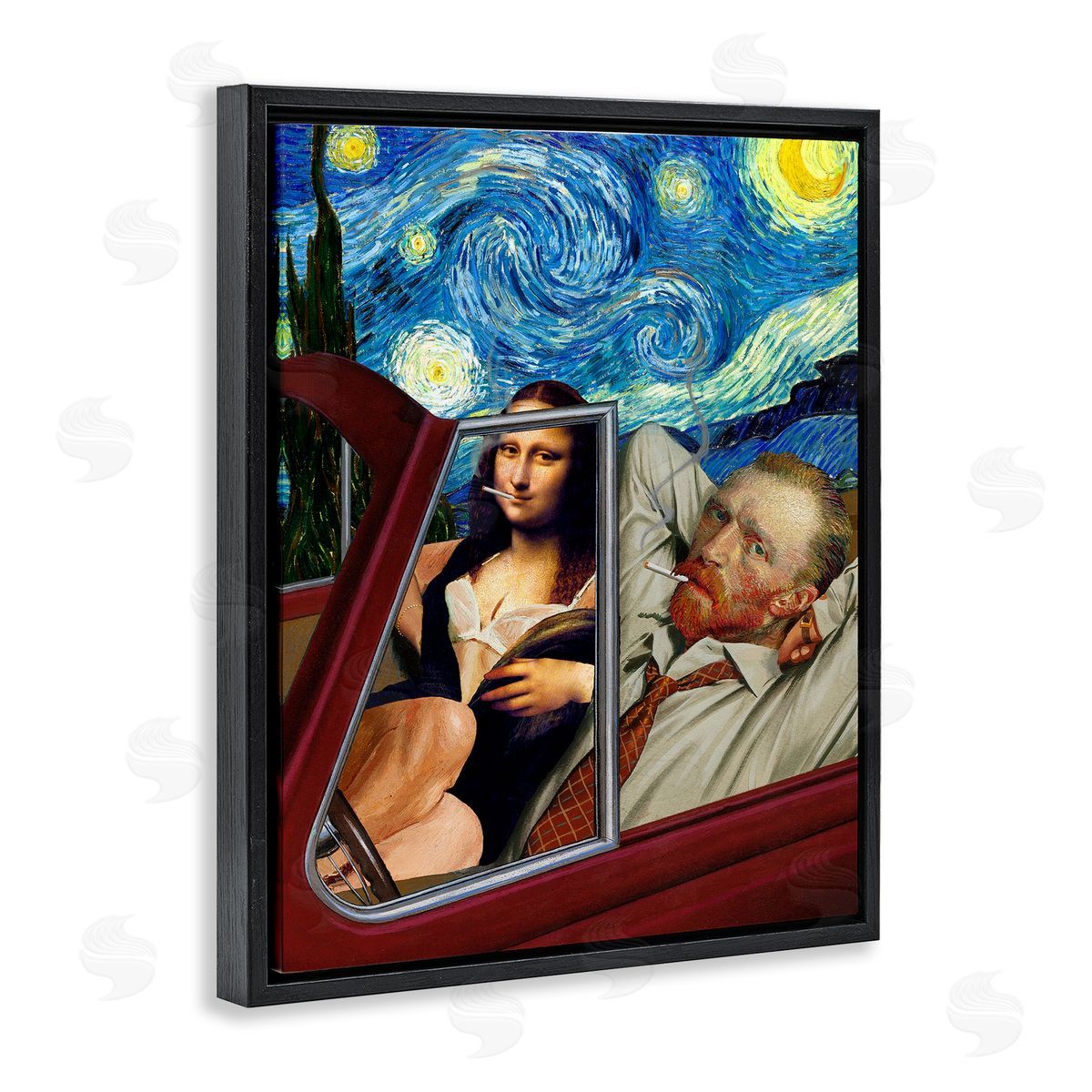 Barry Kite Van Gogh & Mona Lisa Driving Starry Night Sky  Black Floating Frame Canvas Wall Art Print