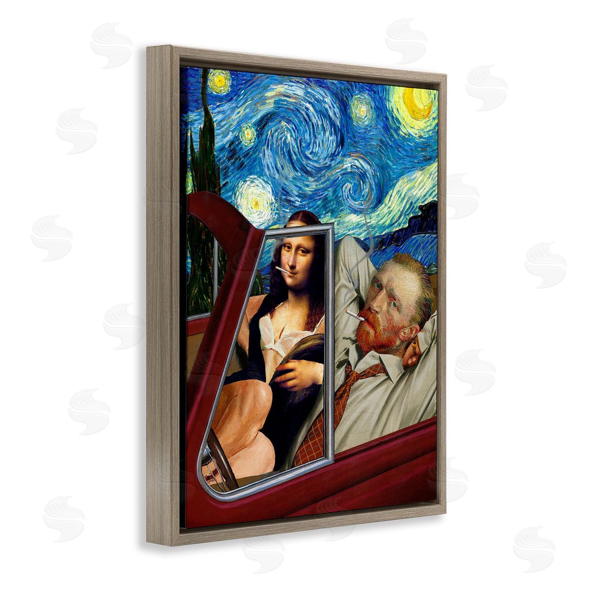 Barry Kite Van Gogh & Mona Lisa Driving Starry Night Sky  Brown Floating Frame Canvas Wall Art Print