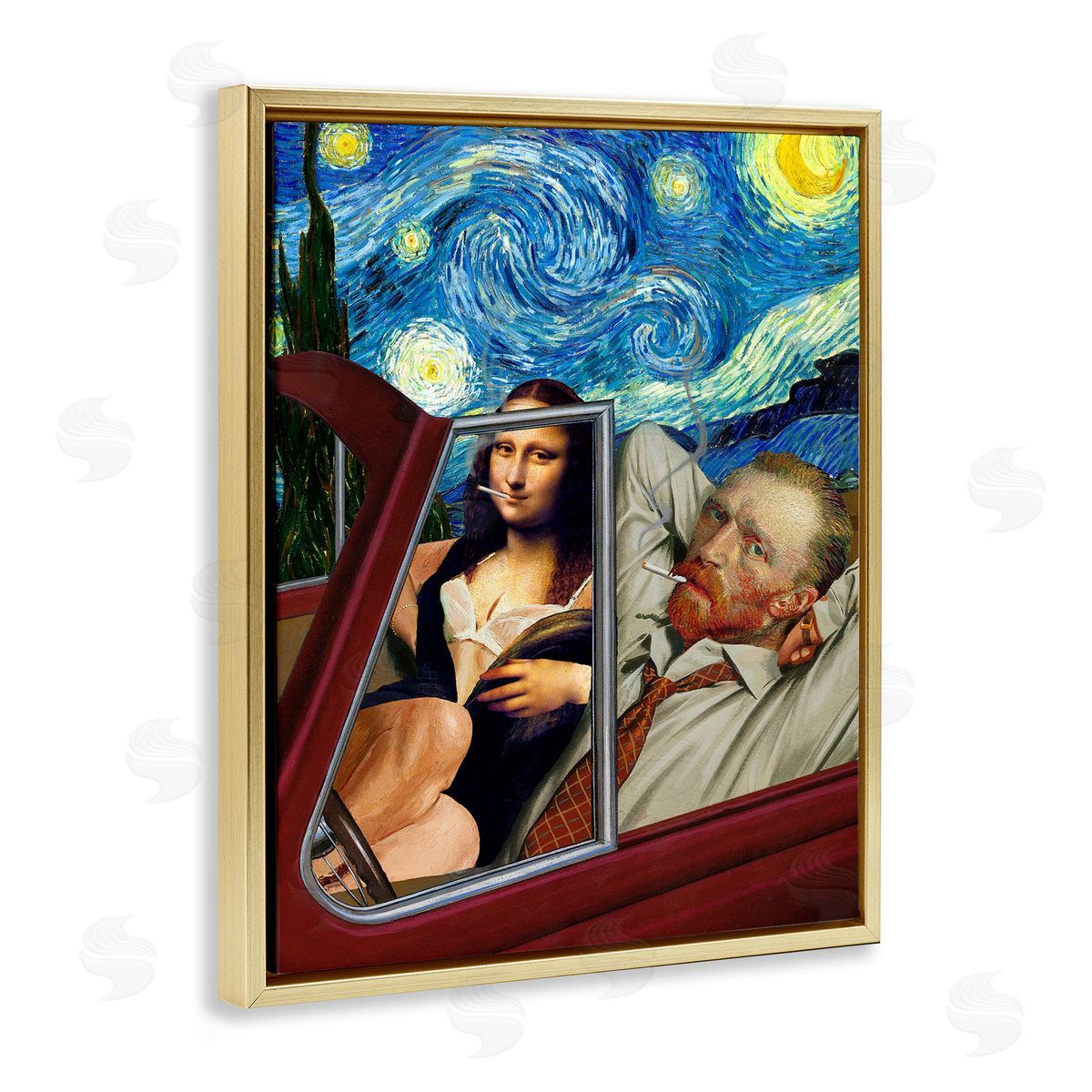 Barry Kite Van Gogh & Mona Lisa Driving Starry Night Sky  Gold Floating Frame Canvas Wall Art Print