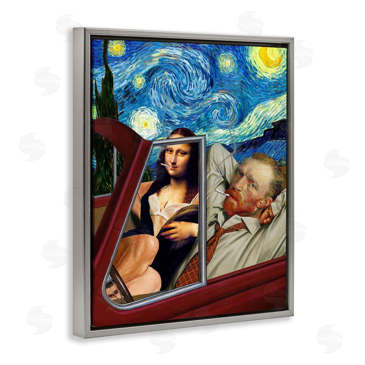 Barry Kite Van Gogh & Mona Lisa Driving Starry Night Sky  Gray Floating Frame Canvas Wall Art Print