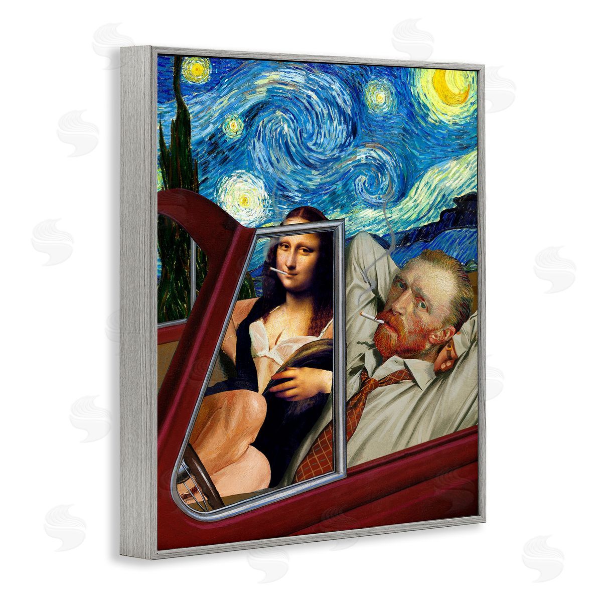 Barry Kite Van Gogh & Mona Lisa Driving Starry Night Sky  Gray Framed Giclee Wall Art Print