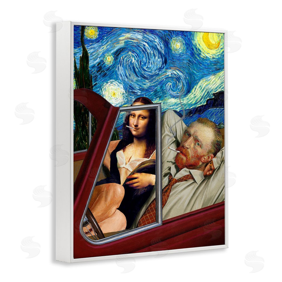 Barry Kite Van Gogh & Mona Lisa Driving Starry Night Sky  White Framed Giclee Wall Art Print